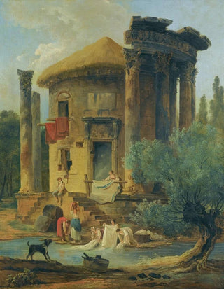 Hubert Robert - Washerwomen At The Edge Of A River Beneath A Ruined Circular Temple.webp