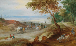 Jan Brueghel the Younger - An extensive hilly landscape with travellers on a path and cattle in the foreground.webp