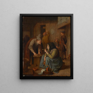 Jan Steen - A tavern interior with a woman smoking a pipe and a man cutting tobacco.webp