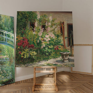 Jardin de devant avec des roses trémières en fleurs - Marie Egner | Reproduction Tableau Décoration murale affiche copie