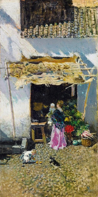 Mariano Fortuny Marsal - Jeune femme la jupe lilas devant une choppe de lgumes.webp
