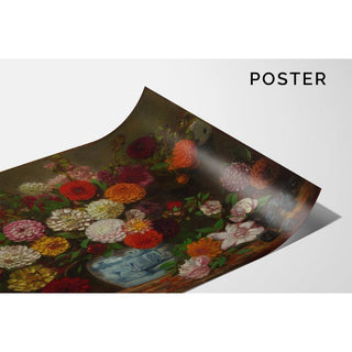 Nature morte aux dahlias, zinnias, roses trémières et prunes - Eugène Delacroix | Reproduction Tableau Décoration murale affiche copie