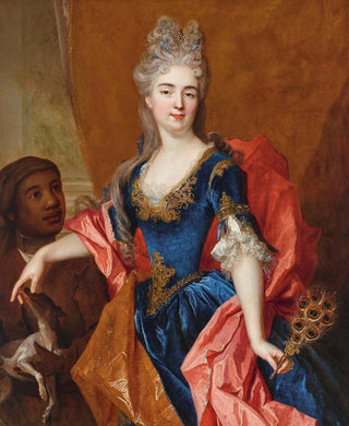 Nicolas de Largillire - Portrait of a lady holding a peacock feather fan with her servant holding a dog.webp