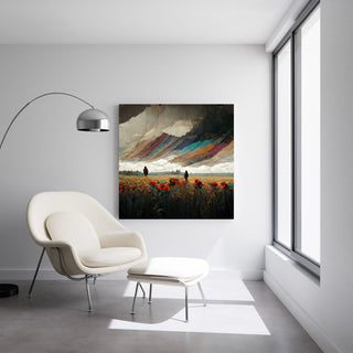 Tableau Abstrait – Éclat Suspendu | Affiche Murale Surréaliste avec Champ de Fleurs et Ciel Texturé | Déco Poétique et Mystérieuse pour Salon ou Chambre