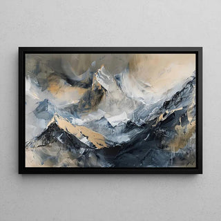 Tableau Abstrait – Élévation Minérale | Affiche Murale Montagne Stylisée aux Tons Neutres et Détails Dorés | Déco Élégante pour Salon ou Bureau Moderne