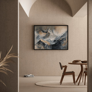 Tableau Abstrait – Élévation Minérale | Affiche Murale Montagne Stylisée aux Tons Neutres et Détails Dorés | Déco Élégante pour Salon ou Bureau Moderne