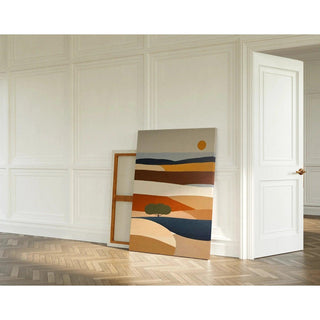 Tableau Coloré – Soleil d’Argile | Affiche Paysage Stylisé Terre Cuite et Tons Naturels | Déco Bohème pour Salon ou Chambre