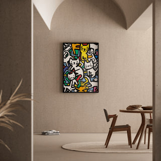 Tableau Pop Art – Danse des Félins | Affiche Colorée de Chats Stylisés | Poster Graphique Ludique et Dynamique pour Déco Murale Contemporaine