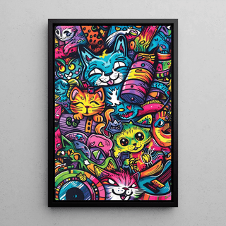 Tableau Pop Art – Jungle Féline | Affiche Colorée Chats Fantaisistes | Poster Graffiti Urbain et Ludique pour Déco Tendance et Déjantée