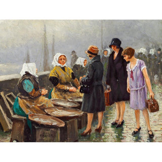 Trois jeunes dames achètent du poisson frais à Gammel Strand - Paul Fischer | Reproduction Tableau Décoration murale affiche copie
