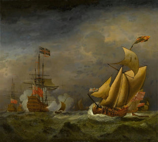 Un vaisseau de guerre anglais saluant un yacht royal anglais dans des mers agitées - Cercle de Willem van de Velde le Jeune